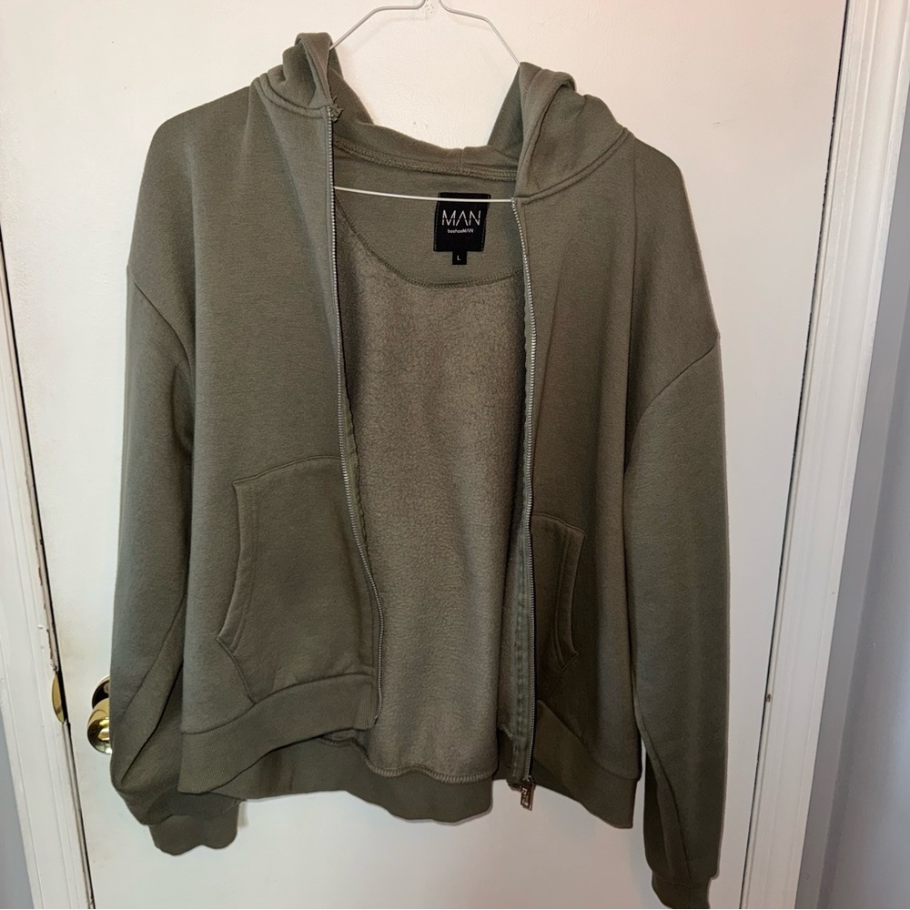 Boohoo Mens Olive Green Zip-Up Hoodie